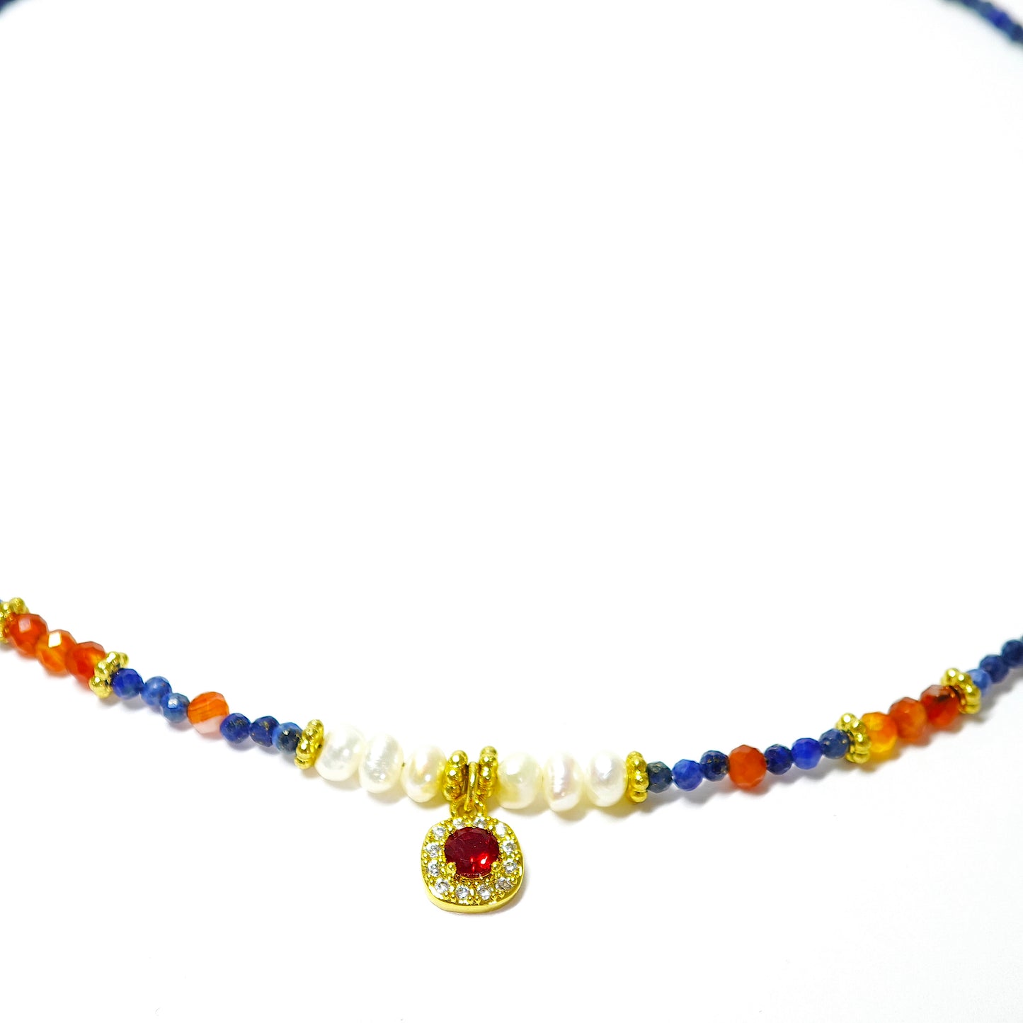 Lapis lazuli necklace with red agate and pearls
